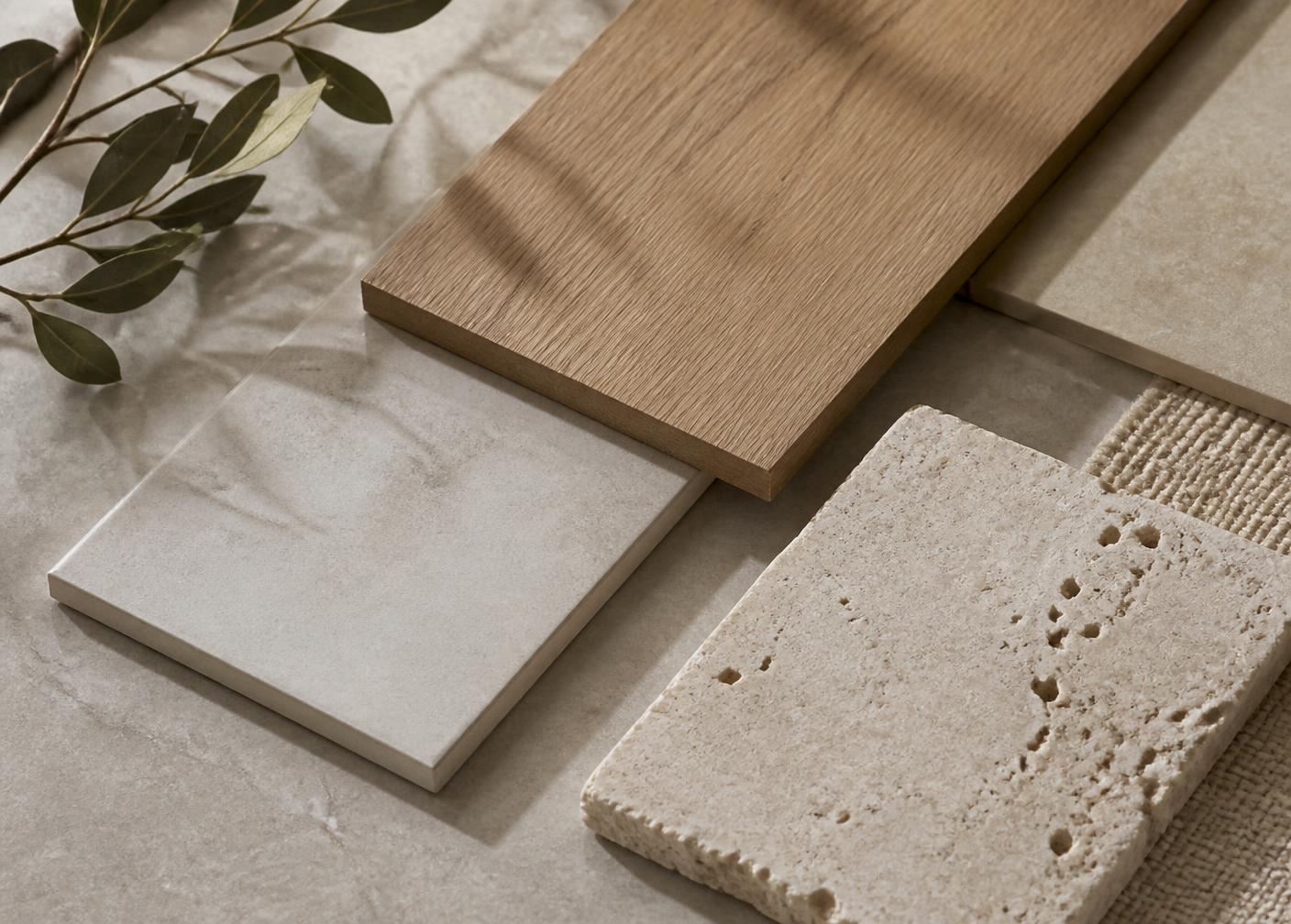 Amostras de piso em porcelanato, madeira e pedra natural sobre superfície clara