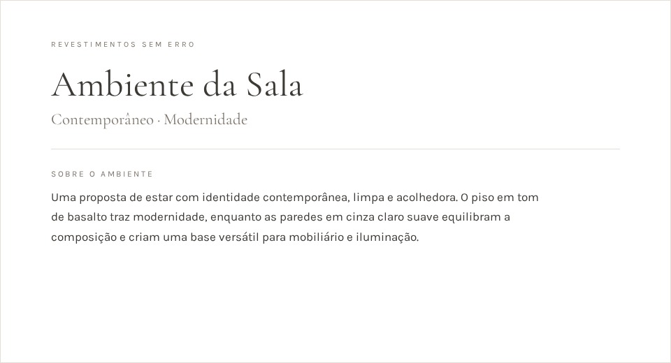 Recorte superior do relatório PDF mostrando Revestimentos sem Erro, Ambiente da Sala e Contemporâneo · Modernidade